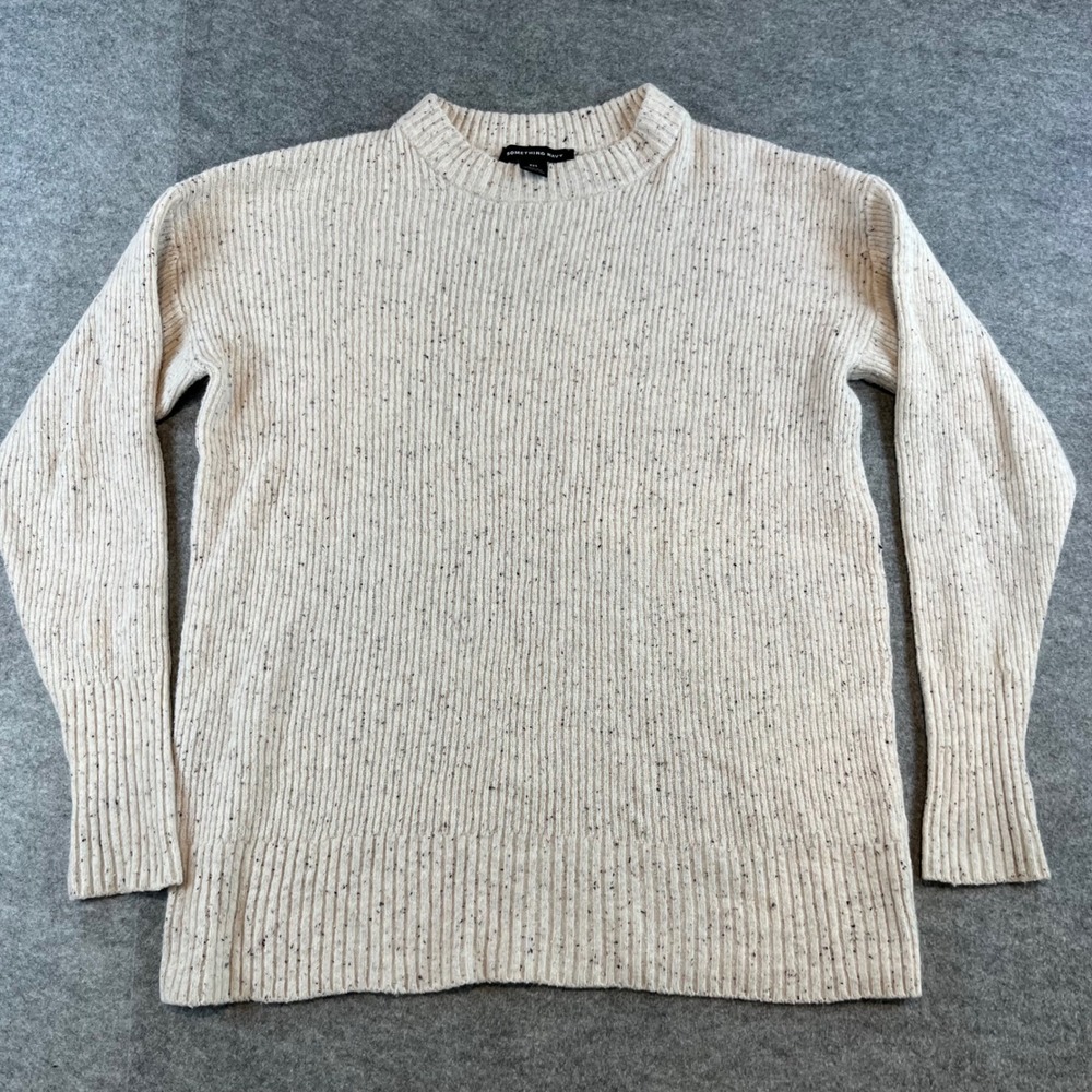 Something Navy Womens Ribbed Crewneck Sweater Beige Flecked XXS Knit Cozy